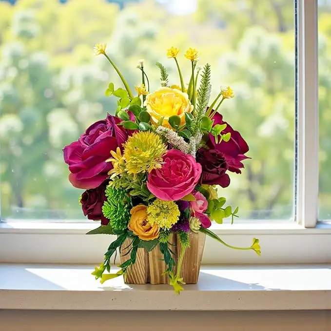 ADIKALA Decorative Multi Floral Wooden Pot Centerpiece for Wedding, Party & Home Table Décor | Artificial Floral Arrangement | Floral Table Decor Centrepiece (Rani D1)