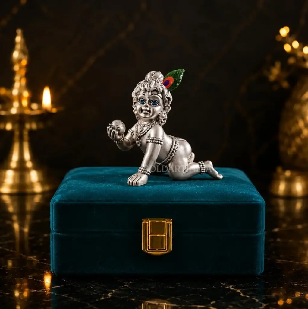 Gold Art India 999 Silver Plated Bal Krishna Idol (3.3 Inch) | Antique Matte Laddu Gopal Murti | Premium Peacock Green Velvet Gift Box | Krishna Idol for...