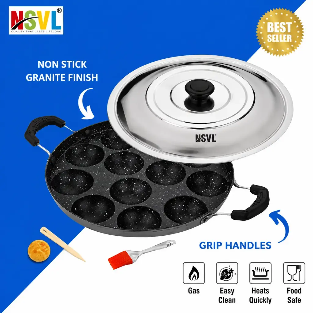 Nsvl Non Stick 12 Cavity Appam Patra Handle with Lid, Paniyarakkal | Paniyaram | Appam Pan with Silicon Brush