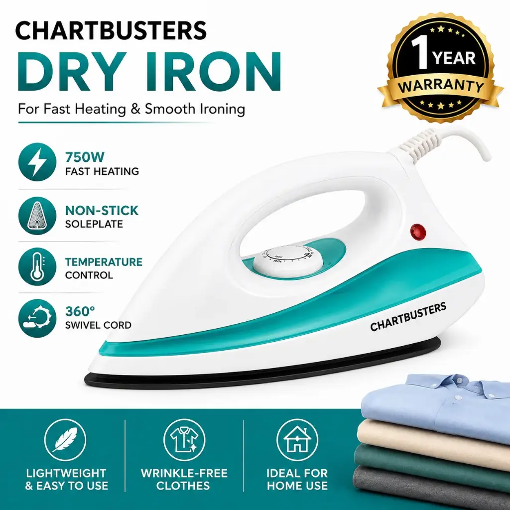 Chartbusters 750W Dry Iron for Clothes | Fast Heating | Non Stick Soleplate | Temperature Control | Lightweight Electric Press Iron for Home Use