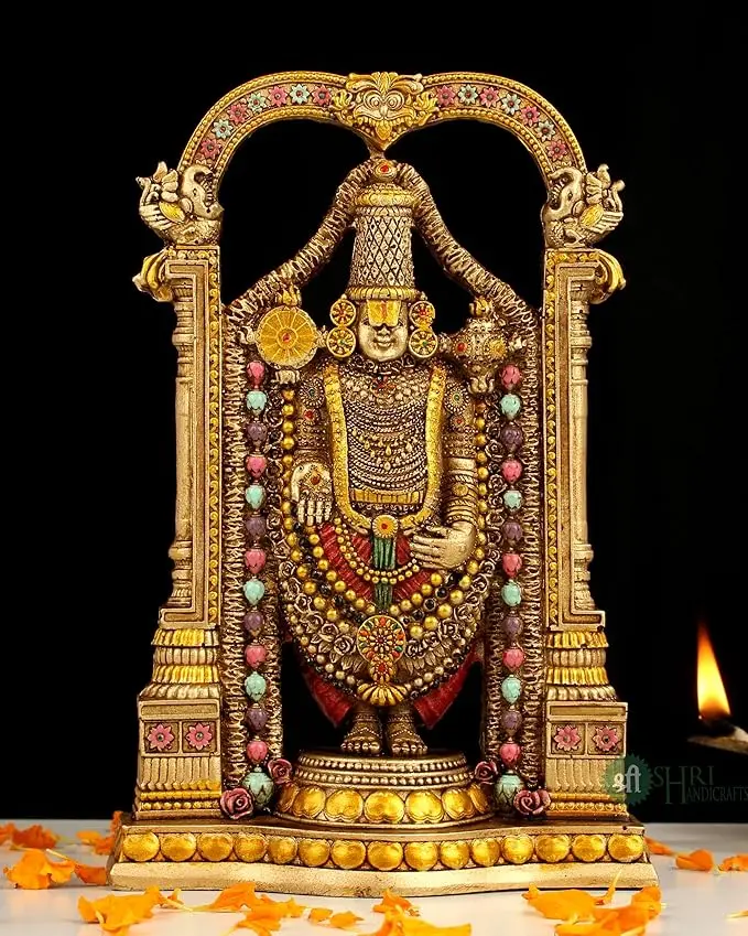 INDICAST 8" Tirupati Balaji Fine Metal Finish Idol Decorative Showpiece Handcrafted Tirupati Balaji Murti for Home Office and Gifting Purpose Sculpture, Golden, Pack of 1