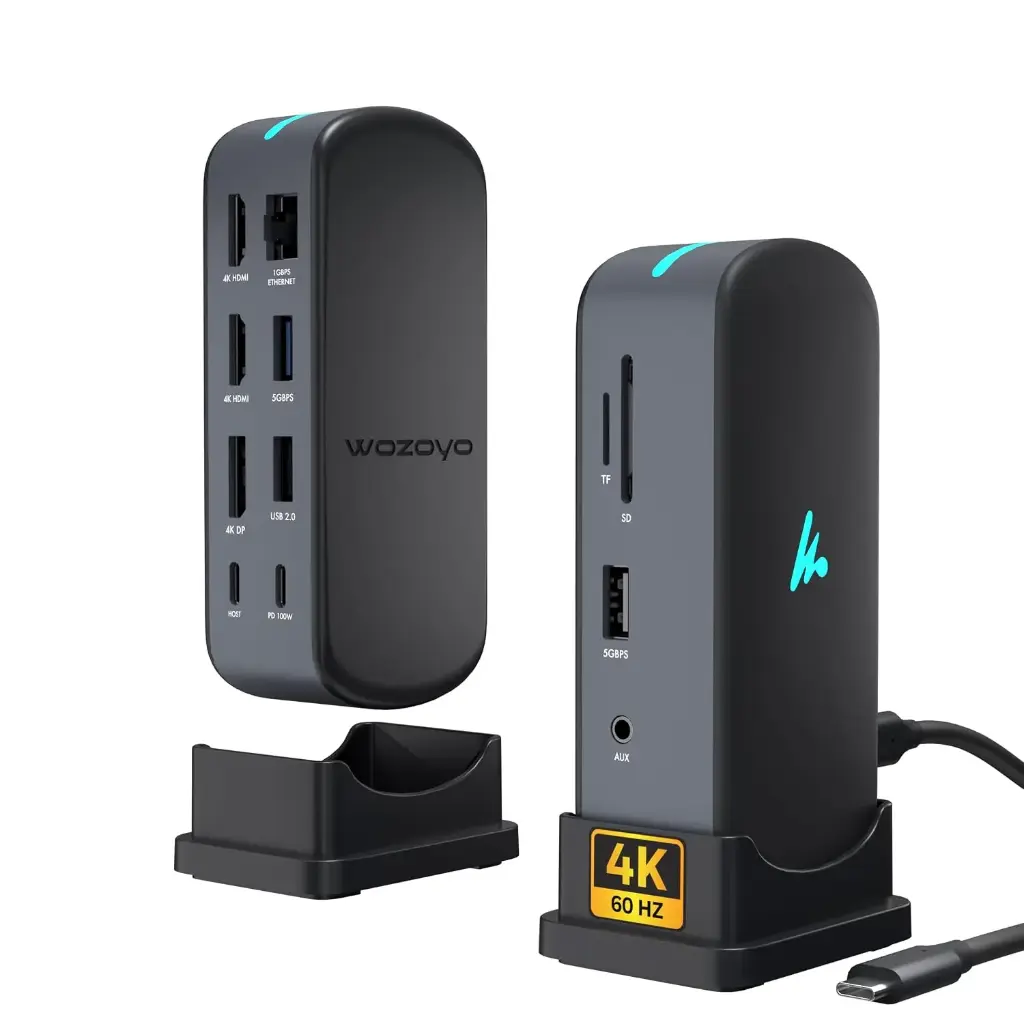 Type C 11 in 1 Wozoyo Docking Station, PD 100W, 2X4K@60Hz HDMI, 4K DisplayPort,2XUSB 5Gbps, 1 Gigabit Ethernet, SD/TF,AUX Port, Universally Compatible Thunderbolt 4, macOS, Windows, Android & iOS