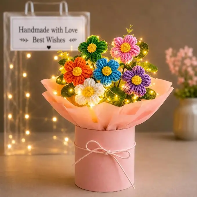 PulGos 𝟏𝐩𝐜𝐬 Artificial Crochet Flower Bouquet with LED Light| Handmade Yarn Knitted Floral Bunch for Home & Office Décor, Gifting |Cute Decorative Item Woolen Flowers Gift for Girls & Women (Pink)
