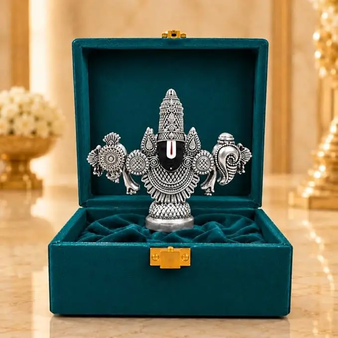 Gold Art India Lord Venkateswara Balaji Idol | Silver-Plated Antique Matte Finish | 3.5 x 4.2 inch | Tirupati Balaji Statue for Home Mandir, Office & Gift Purpose
