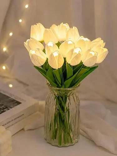 MoonlitDreams Artificial White Tulip Flower Lamp with LED Lights, 5 Tulip Bouquet Night Light for Bedroom Decor | Battery Operated Aesthetic Room Décor Gift