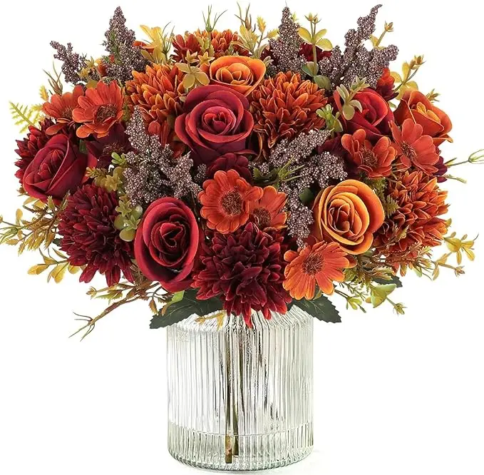 Artificial Flower Bouquet for Home Decoration – 2 Pcs Faux Rose & Daisy Bouquet (Without Pot) Artificial Flowers for Living Room, Bedroom, Office, Vase Decoration (Maroon/Orange)