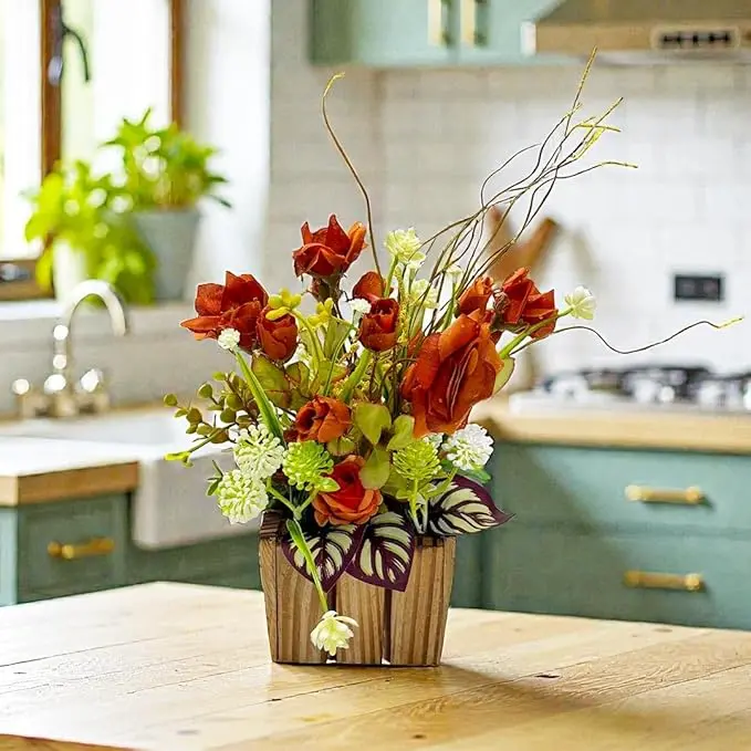ADIKALA Decorative Multi Floral Wooden Pot Centerpiece for Wedding, Party & Home Table Décor | Artificial Floral Arrangement | Floral Table Decor Centrepiece (Dark Orange)