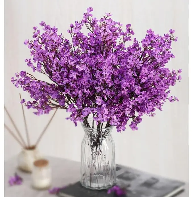 SATYAM KRAFT 1 Bunch Artificial Babys Breath Gypsophila Flowers Bunch | Fabric Bouquet for Home Decor, Bouquets, Bedroom, Living Room & Festive Decor (Without vase, Purple)