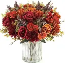 Artificial Flower Bouquet for Home Decoration – 2 Pcs Faux Rose & Daisy Bouquet (Without Pot) Artificial Flowers for Living Room, Bedroom, Office, Vase Decoration (Maroon/Orange)